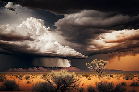 storm clouds in sky over desert landscape with dramatic thunderstorm, generative aiの素材