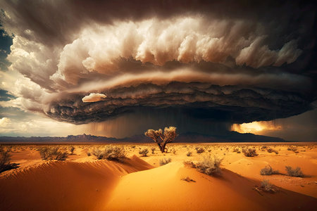 storm clouds in sky over desert landscape with dramatic thunderstorm, generative aiの素材