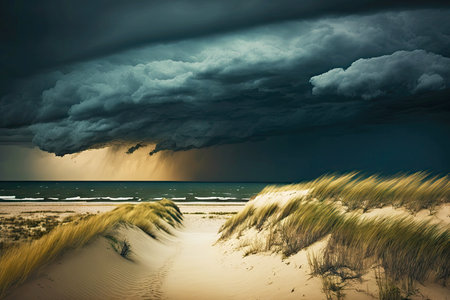 windy weather and rolling thunderstorm over sea in distance, generative aiの素材