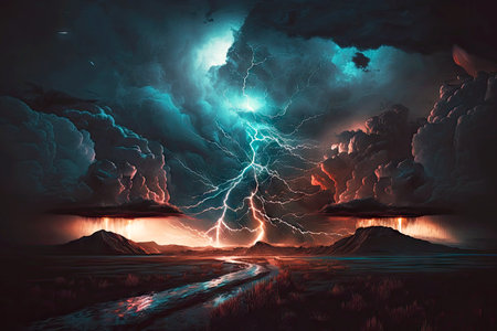 dark sky with lightning and rain during dramatic thunderstorm, generative aiの素材