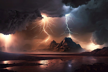 thunderstorm with lightning and rain over dark hills in rays of sun, generative aiの素材