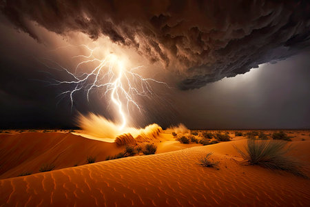lightning striking into ground in front of desert dune during dramatic thunderstorm, generative aiの素材