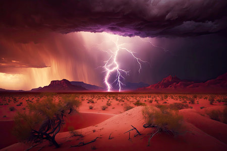 powerful lightning over illuminated desert landscape at dawn or during dramatic thunderstorm, generative aiの素材