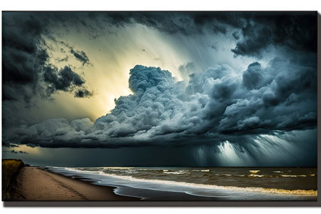 dissonant panoramic storm clouds over sea coast in evening summer time, generative aiの素材