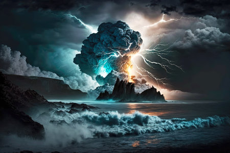 thunderstorm over ocean in form of supernatural powerful energy, generative aiの素材 [FY310199063933]