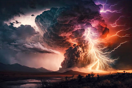 burning flashes in sky and wind during dramatic thunderstorm, generative aiの素材