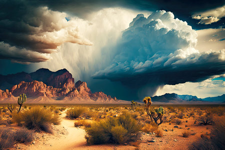 clouds looming over desert valley with dramatic thunderstorm, generative aiの素材