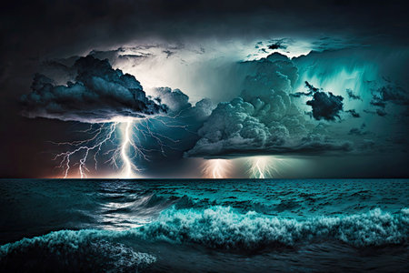 dark sky over sea against backdrop of dramatic thunderstorm and lightning, generative aiの素材