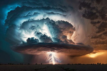 lightning flashes in storm clouds and dramatic thunderstorm, generative aiの素材