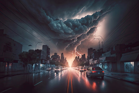 dark night city streets dramatic thunderstorm swirling clouds, generative aiの素材