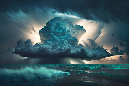 powerful storm clouds at sea dramatic thunderstorm, generative aiの素材