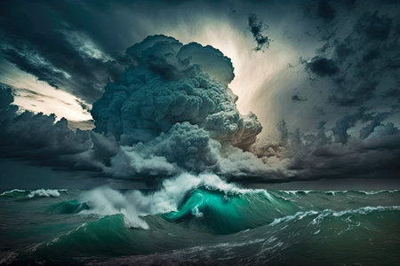 powerful storm clouds at sea dramatic thunderstorm, generative aiの素材
