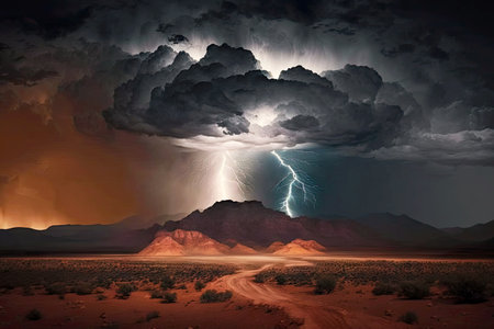 dark sky with dramatic thunderstorm lightning over rust-brown hills, generative aiの素材