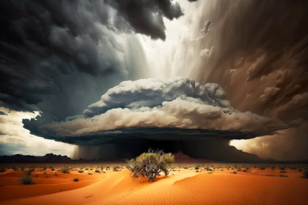 dark ominous sky with thundercloud over desert dramatic thunderstorm, generative aiの素材
