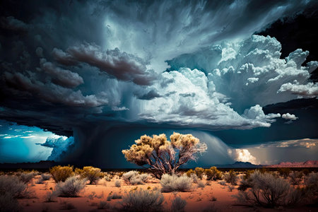 dark ominous sky with thundercloud over desert dramatic thunderstorm, generative aiの素材