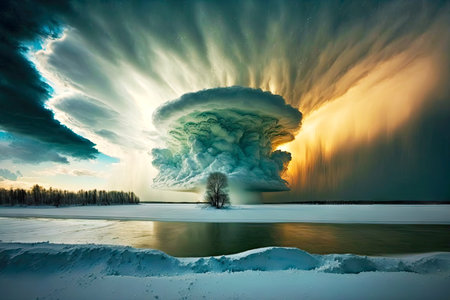 powerful powerful cloud in form of winter storm over lake, generative aiの素材