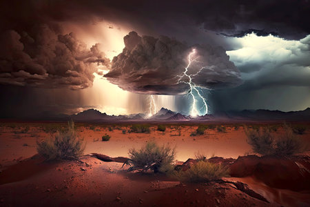 thunderstorm dramatic clouds and lightning over desert landscape, generative aiの素材
