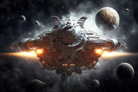 dark gray alien fantastic spaceship in deep space travels across universe, generative aiの素材