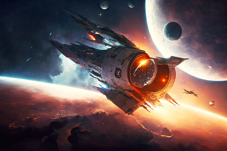 fantastic spaceship in deep space flying to planet, generative aiの素材
