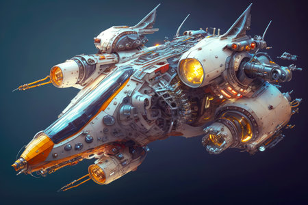 futuristic flying machine with robotic arm and engines fantastic spaceship in deep space, generative aiの素材