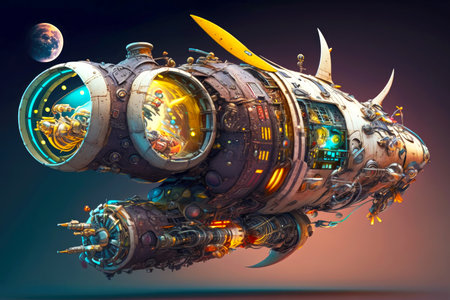 futuristic flying machine with robotic arm and engines fantastic spaceship in deep space, generative aiの素材