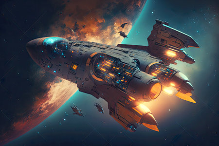 fantastic spaceship in deep space with futuristic propulsion system and astronauts, generative aiの素材
