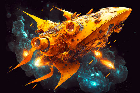 futuristic orange fantastic spacecraft in deep space flying among asteroids, generative aiの素材