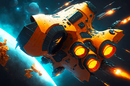 futuristic orange fantastic spacecraft in deep space flying among asteroids, generative aiの素材