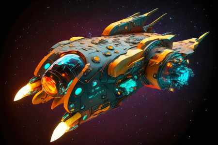 futuristic fantastic spaceship in deep space with glowing engine against background of stars, generative aiの素材