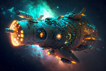 futuristic fantastic spaceship in deep space with glowing engine against background of stars, generative aiの素材