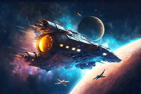 speed ship flying past planets and stars fantastic spaceship in deep space, generative aiの素材