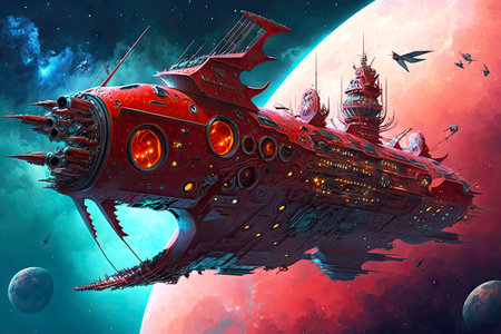 trip to future red fantasy ship fantastic spacecraft in deep space, generative aiの素材