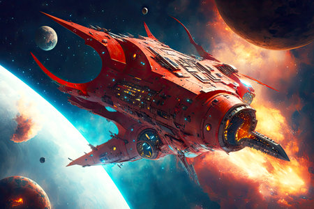 trip to future red fantasy ship fantastic spacecraft in deep space, generative aiの素材