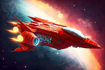 red glossy fantastic spaceship in deep space flying among beautiful stars, generative aiの素材
