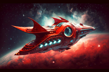 red glossy fantastic spaceship in deep space flying among beautiful stars, generative aiの素材