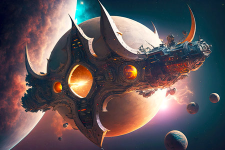 docking of fantastic spaceship in deep space with planet in cosmos, generative aiの素材