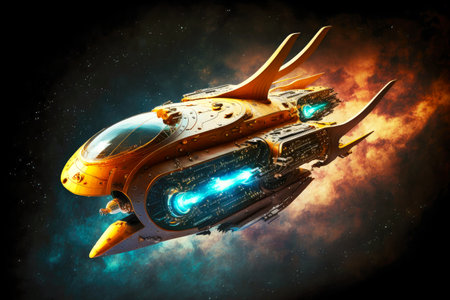 flying futuristic space ship to planet fantastic spaceship in deep space, generative aiの素材