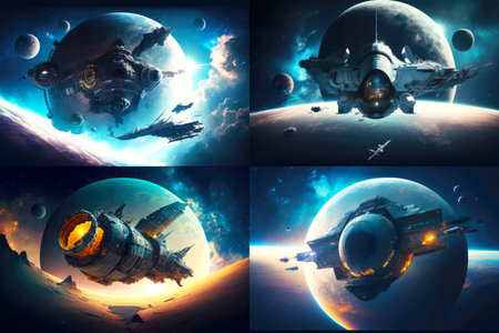 big beautiful planet and futuristic fantastic spaceship in deep space, generative aiの素材