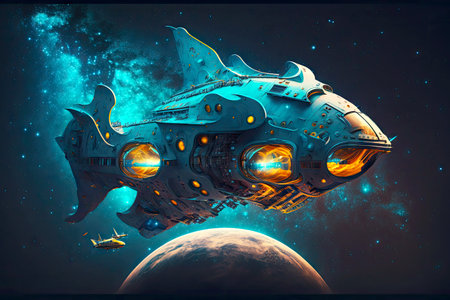 futuristic flying vehicle fantastic spaceship in deep space against background of starry sky, generative aiの素材