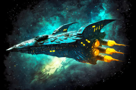 large fantastic spaceship in deep space flying by starry sky, generative aiの素材