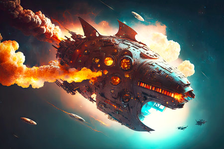 smoking futuristic fantastic spaceship in deep space flying among planets, generative aiの素材