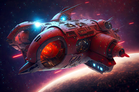 futuristic spacecraft with huge red lights fantastic spaceship in deep space, generative aiの素材
