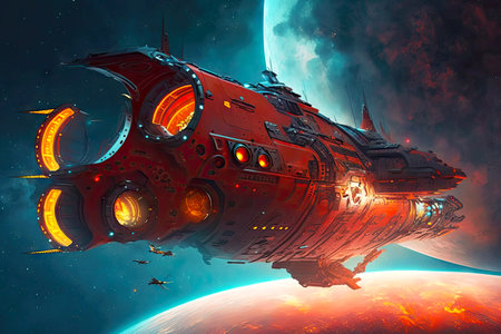 futuristic spacecraft with huge red lights fantastic spaceship in deep space, generative aiの素材