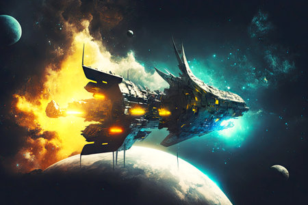 fantastic spaceship in deep space against background of luminous celestial bodies, generative aiの素材