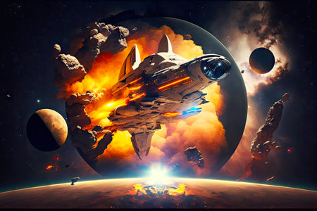 fantastic spaceship in deep space against backdrop of giant far-off planet, generative aiの素材