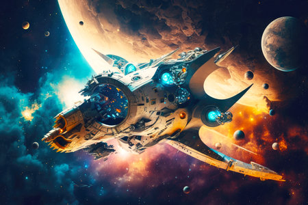 fantastic spaceship in deep space flying among stars and planets, generative aiの素材