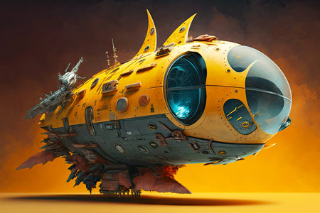 fantasy futuristic vehicle with platform for boarding fantastic spaceship in deep space, generative aiの素材
