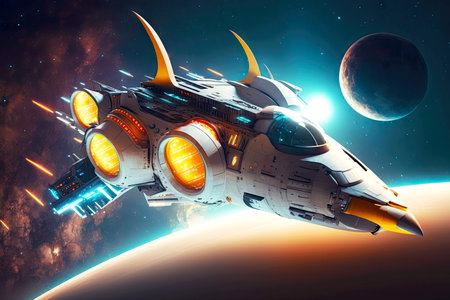 futuristic spacecraft with glowing edge taking off in futuristic universe against background of planets and stars, generative aiの素材