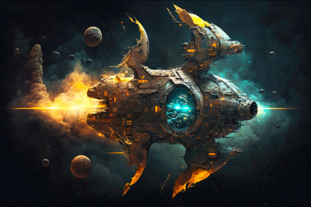 science fiction vessel with fantastic spaceship in deep space on dark background, generative aiの素材