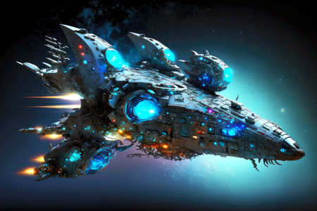 fantastic spaceship in deep space with glowing blue engines and lights on board, generative aiの素材
